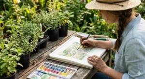 정원작가가 야외 작업대에서 수채화로 정원 설계 도면을 스케치하는 모습 - Garden designer sketching a landscape plan with watercolors