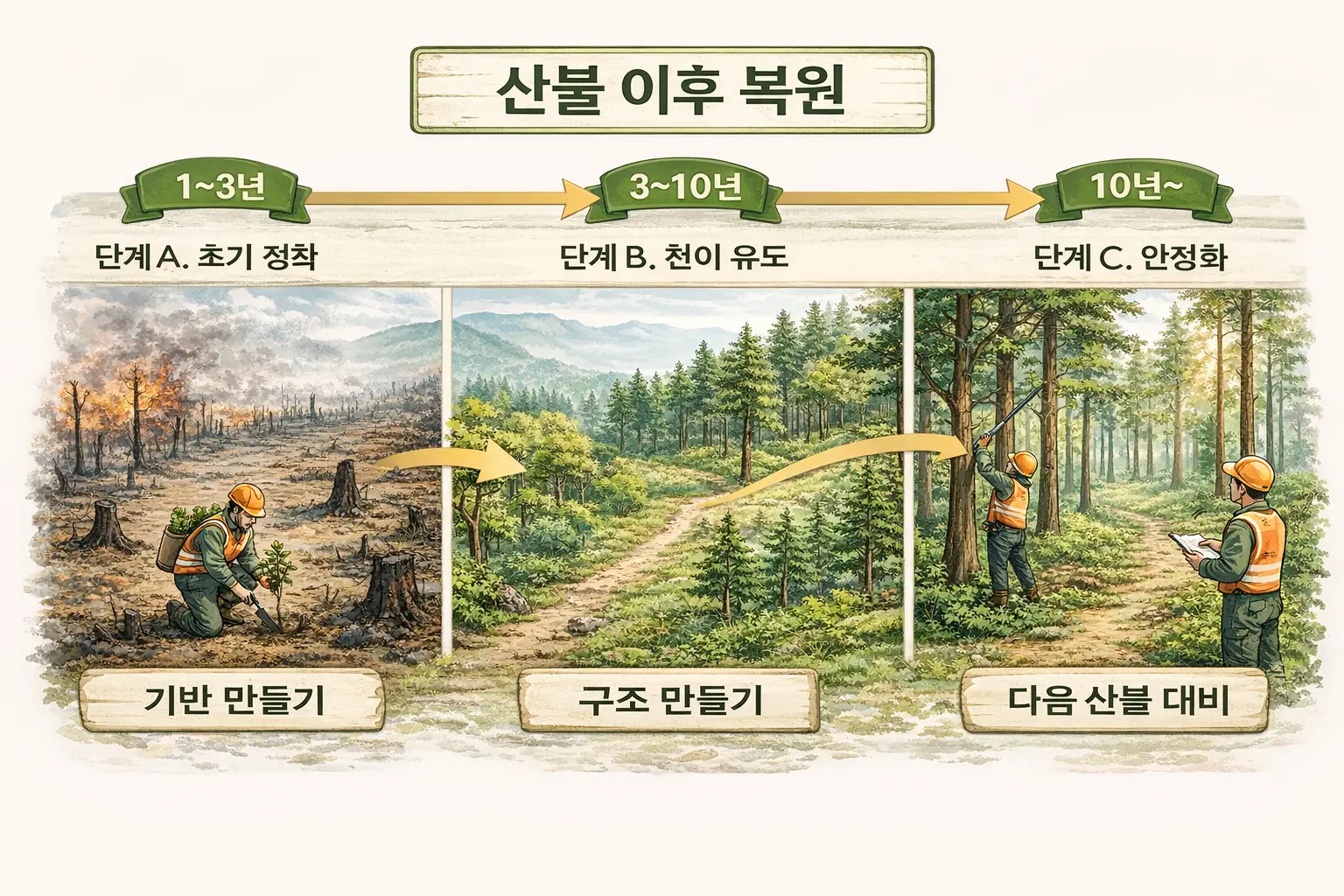 산불 이후 복원 단계 인포그래픽 - post-wildfire-restoration-stages