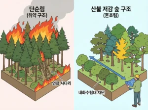 산불 저감 숲 구조를 보여주는 인포그래픽: 혼효림 조성·완충대·밀도조절·가지치기 핵심 전략 - wildfire-mitigation-forest-structure-infographic