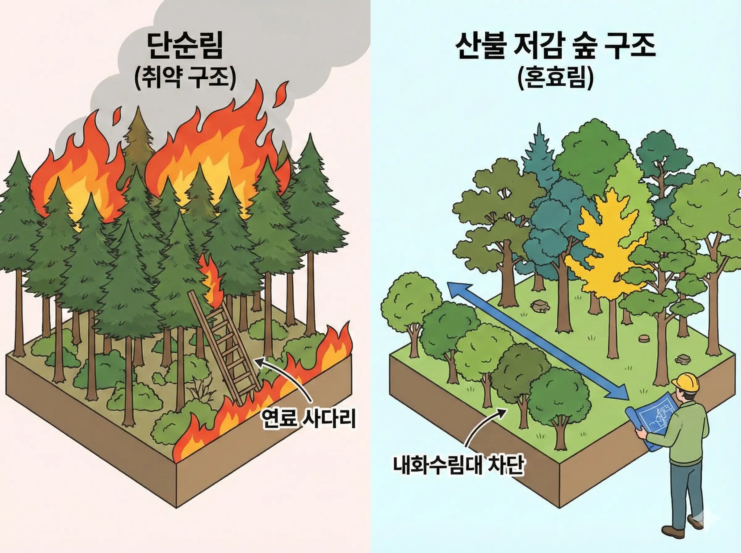 산불 저감 숲 구조를 보여주는 인포그래픽: 혼효림 조성·완충대·밀도조절·가지치기 핵심 전략 - wildfire-mitigation-forest-structure-infographic