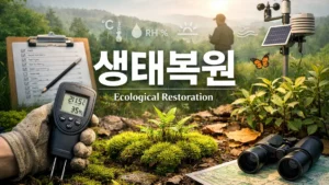 생태복원 현장에서 측정 장비와 체크리스트를 사용하는 모습 - ecology-restoration-field-measurement-checklist