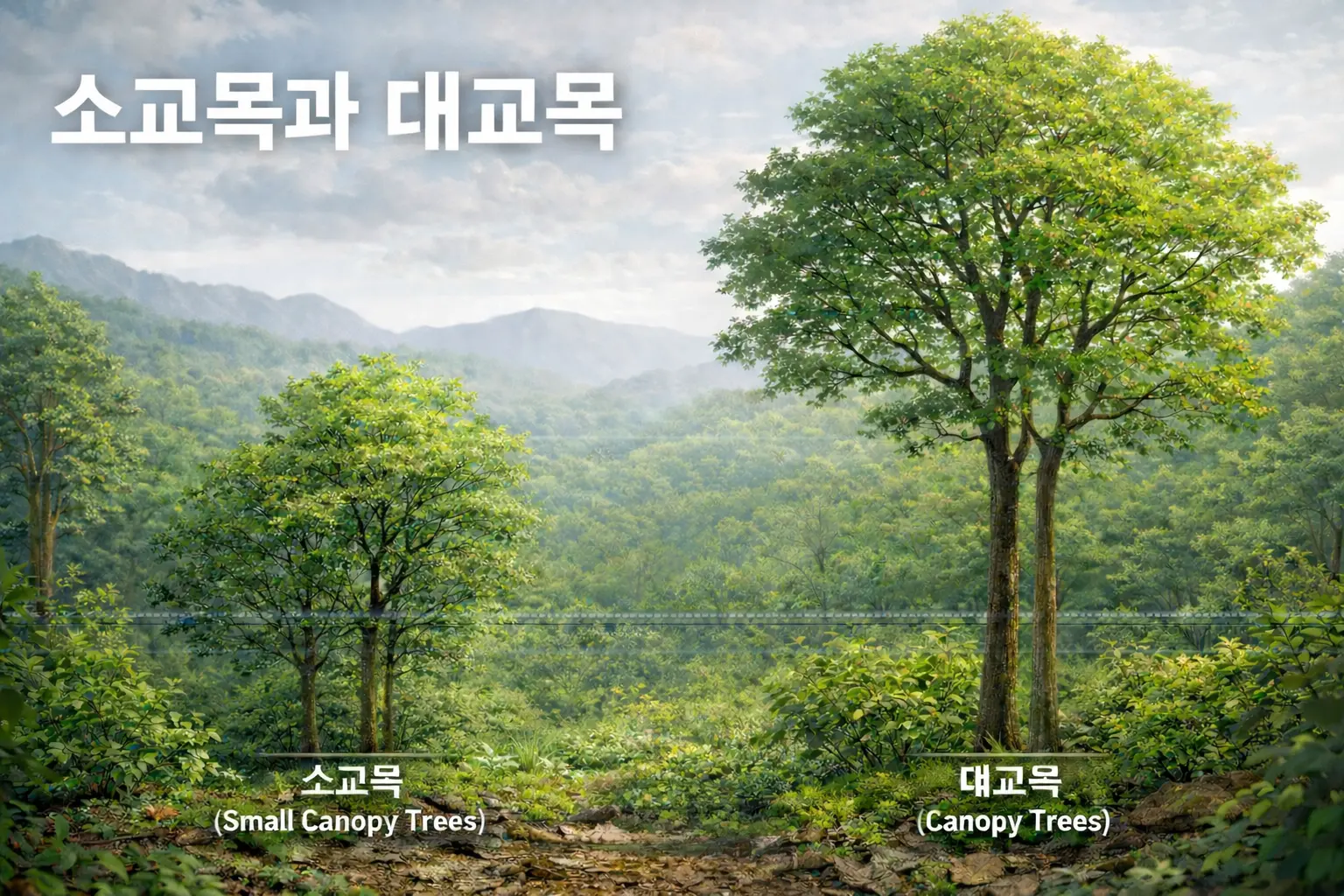 소교목과 대교목이 층위 구조를 이루며 숲의 미세기후를 형성하는 모습 - small-and-large-canopy-trees-ecological-restoration