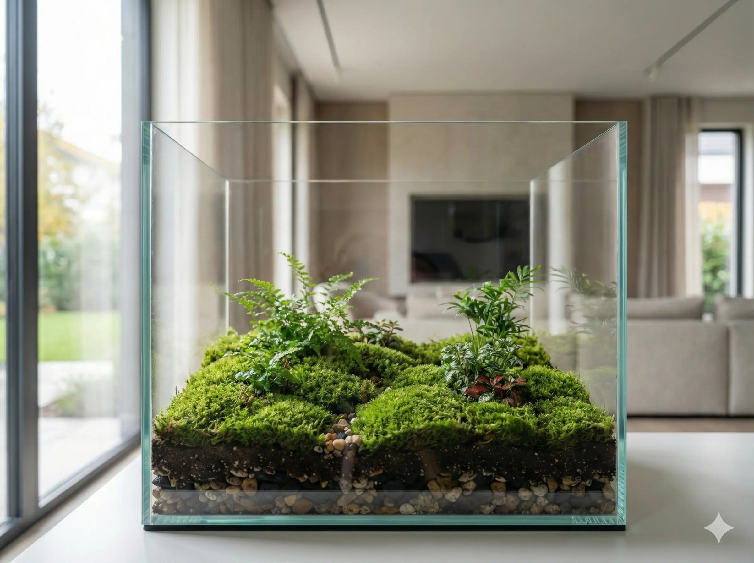 이끼 실내정원-유리병 테라리움 안에 이끼가 촉촉하게 깔려 있다 - moss-terrarium-closeup