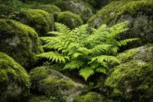 이끼와 고사리가 가득한 바위 사진 - moss-and-fern-among-rocks